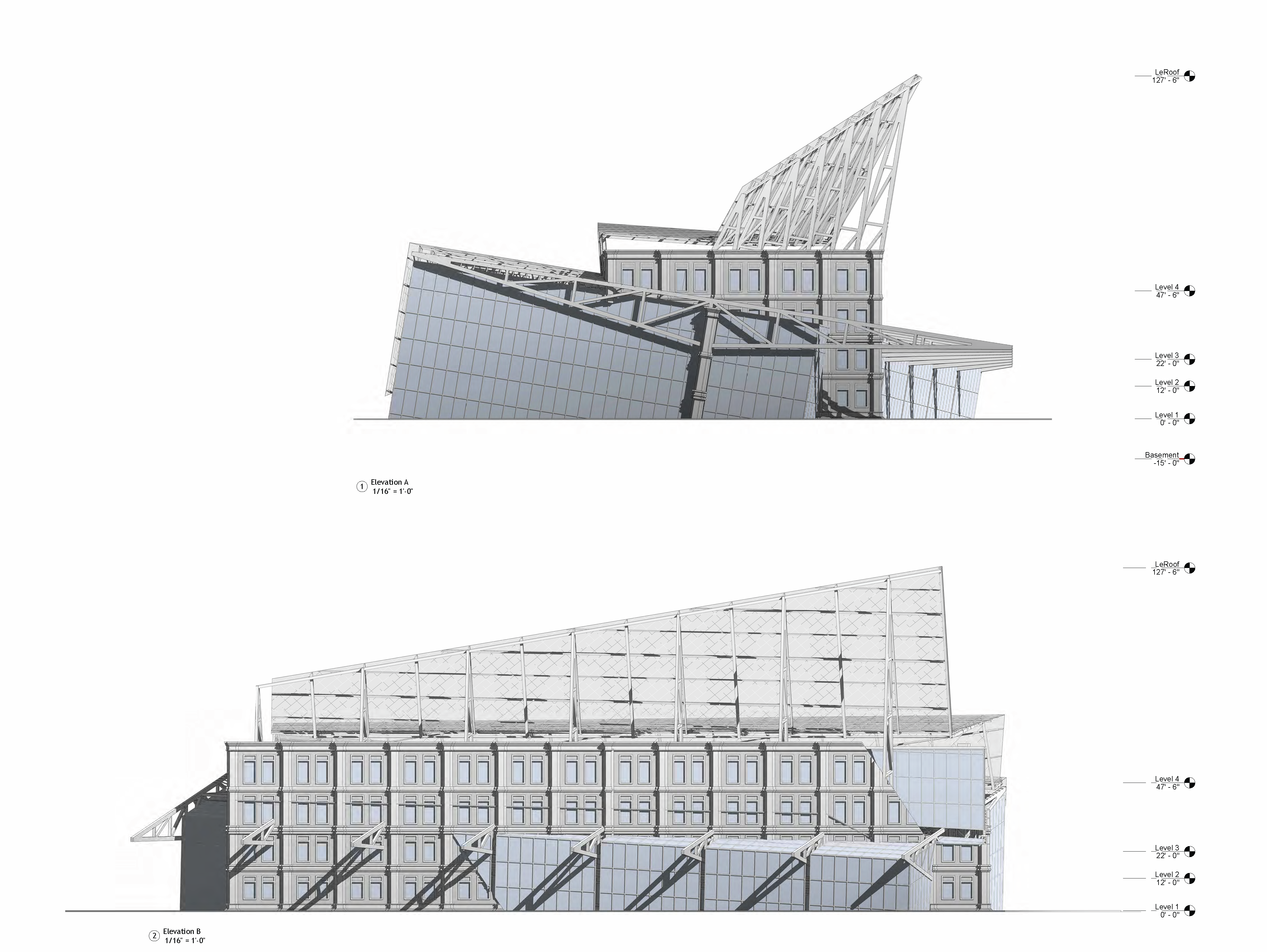 Elevations A and B mesh façade and glazed lobby